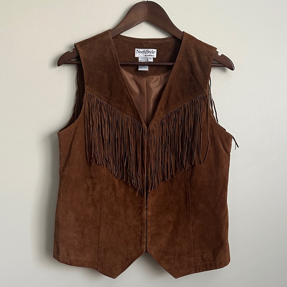 NorthStyle Brown Western Authentic Leather Vest with Gold Hooks & Fringe